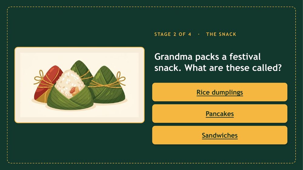 Dragon Boat game vocabulary stage with zongzi illustration
